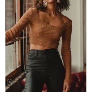 12th Tribe Sweater Womens XS Monarch Orange Knit Crop Top Long Sleeve Scoop Neck